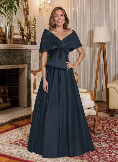 Elegant Off-The-Shoulder Sleeveless A-Line Floor-Length Satin Mother Of The Bride Dresses With Bow(s)