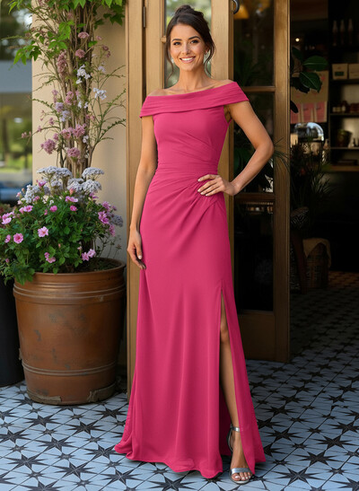 Elegant Off-The-Shoulder Sleeveless Floor-Length Chiffon Mother Of The Bride Dresses With High Split