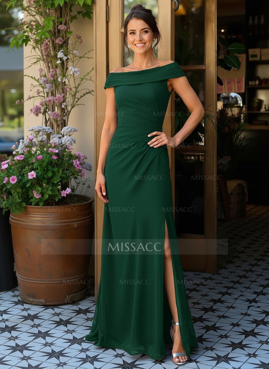 Elegant Off-The-Shoulder Sleeveless Floor-Length Chiffon Mother Of The Bride Dresses With High Split $129