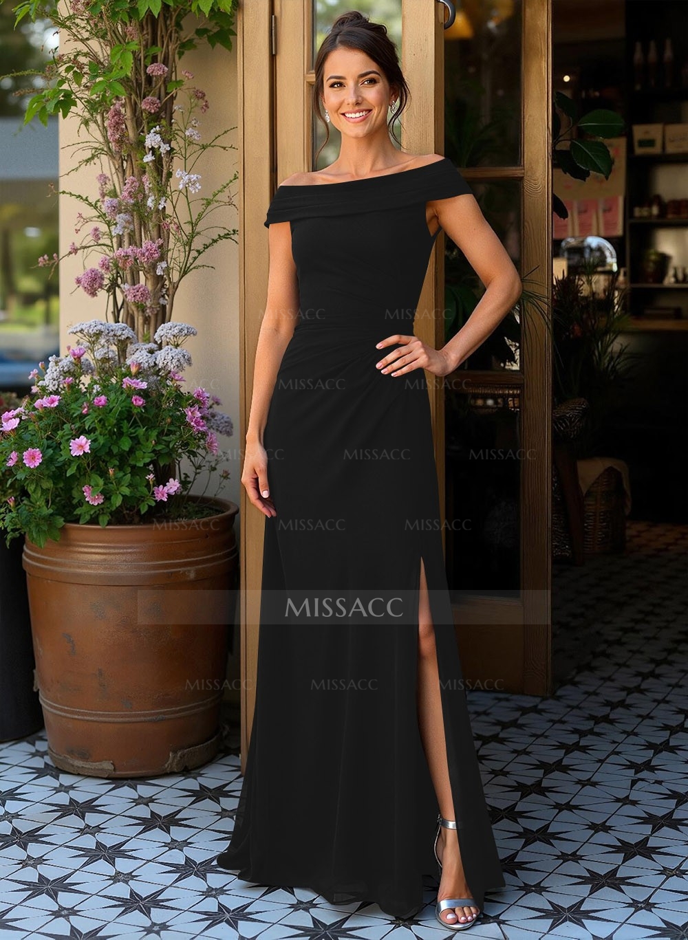 Elegant Off-The-Shoulder Sleeveless Floor-Length Chiffon Mother Of The Bride Dresses With High Split