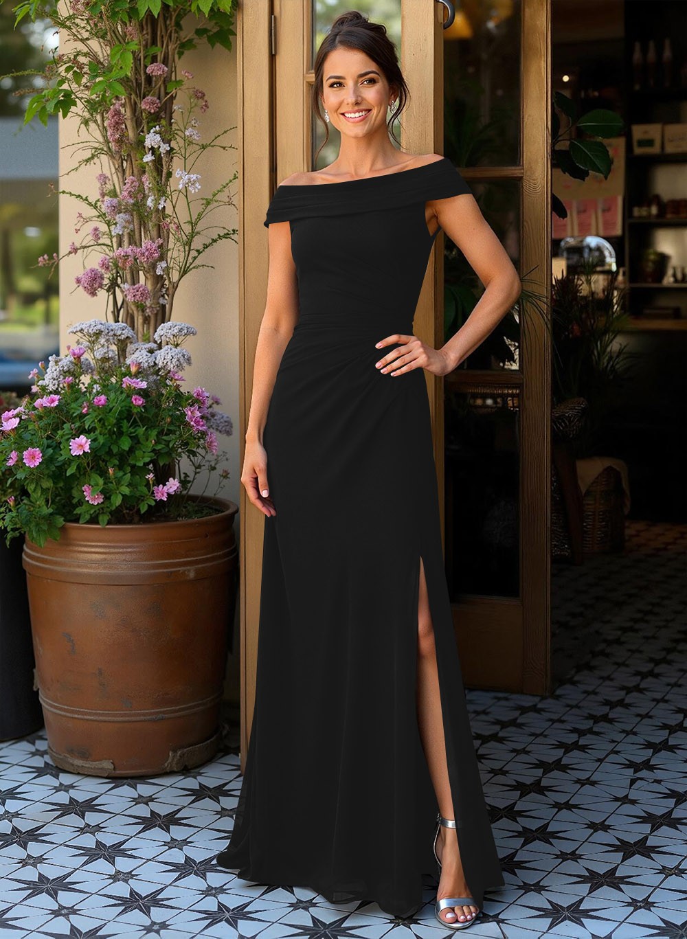 Elegant Off-The-Shoulder Sleeveless Floor-Length Chiffon Mother Of The Bride Dresses With High Split