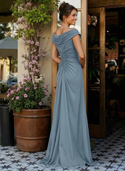 Elegant Off-The-Shoulder Sleeveless Sweep Train Chiffon Mother Of The Bride Dresses With High Split