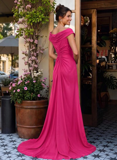 Elegant Off-The-Shoulder Sleeveless Sweep Train Chiffon Mother Of The Bride Dresses With High Split