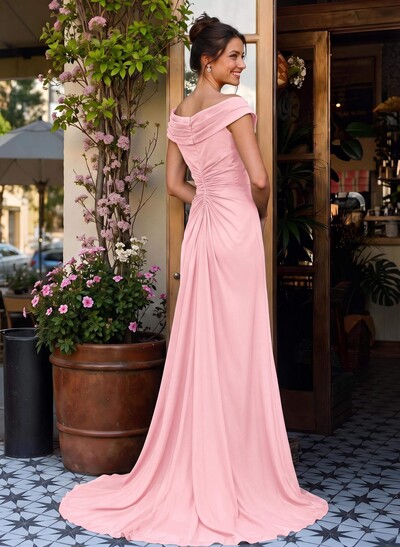 Elegant Off-The-Shoulder Sleeveless Sweep Train Chiffon Mother Of The Bride Dresses With High Split