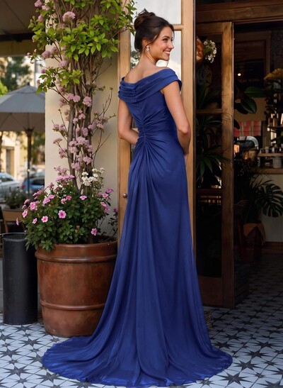 Elegant Off-The-Shoulder Sleeveless Sweep Train Chiffon Mother Of The Bride Dresses With High Split