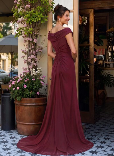 Elegant Off-The-Shoulder Sleeveless Sweep Train Chiffon Mother Of The Bride Dresses With High Split