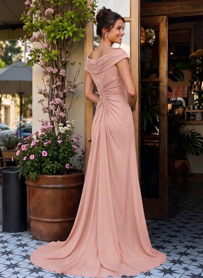 Elegant Off-The-Shoulder Sleeveless Sweep Train Chiffon Mother Of The Bride Dresses With High Split