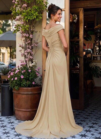 Elegant Off-The-Shoulder Sleeveless Sweep Train Chiffon Mother Of The Bride Dresses With High Split