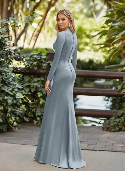 Trumpet/Mermaid Plunge Neck Long Sleeves Floor-Length Crepe Satin Mother Of The Bride Dresses With Flower(s)/High Split