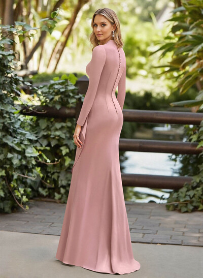 Trumpet/Mermaid Plunge Neck Long Sleeves Floor-Length Crepe Satin Mother Of The Bride Dresses With Flower(s)/High Split
