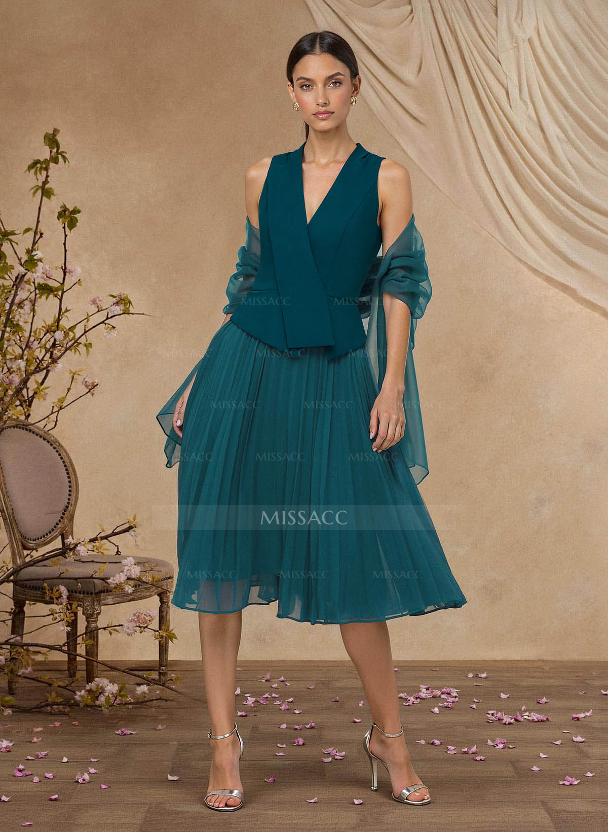 A-Line V-Neck Sleeveless Tea-Length Chiffon/Elastic Satin Mother Of The Bride Dresses