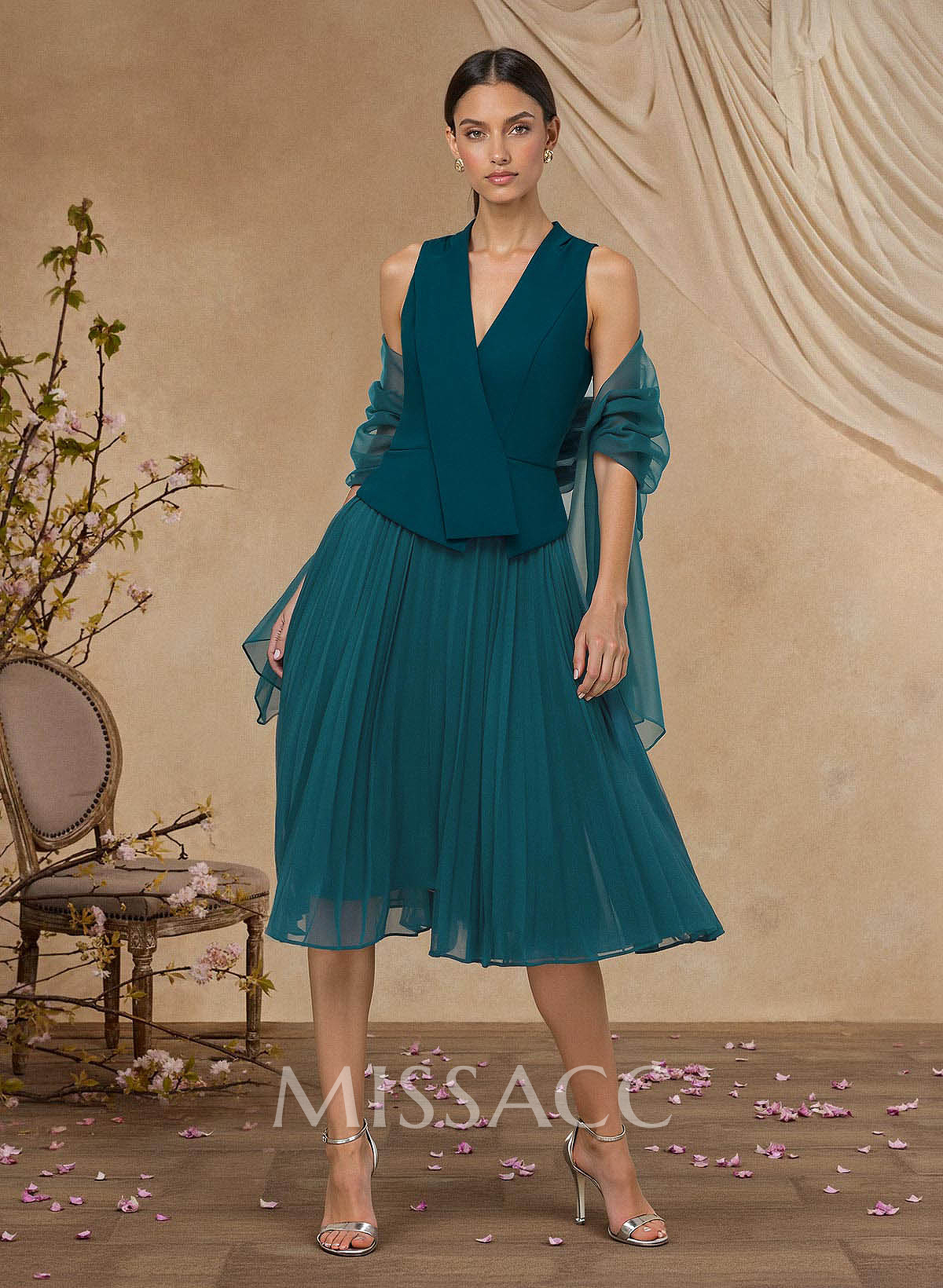 A-Line V-Neck Sleeveless Tea-Length Chiffon/Elastic Satin Mother Of The Bride Dresses