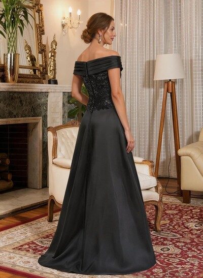 A-Line Off-The-Shoulder A-Line Floor-Length Matte Satin Mother Of The Bride Dresses With Sequins