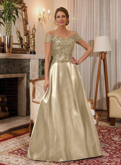 A-Line Off-The-Shoulder A-Line Floor-Length Satin Mother Of The Bride Dresses With Sequins