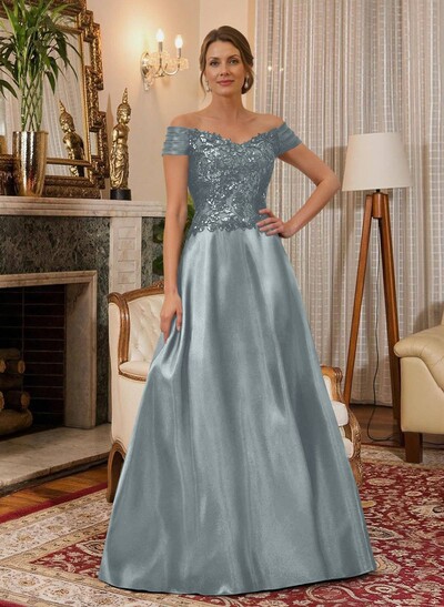 A-Line Off-The-Shoulder A-Line Floor-Length Satin Mother Of The Bride Dresses With Sequins