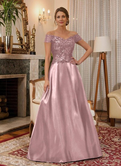 A-Line Off-The-Shoulder A-Line Floor-Length Satin Mother Of The Bride Dresses With Sequins
