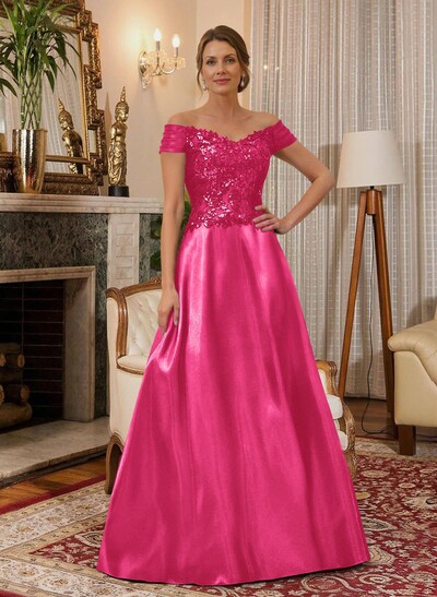 A-Line Off-The-Shoulder A-Line Floor-Length Satin Mother Of The Bride Dresses With Sequins
