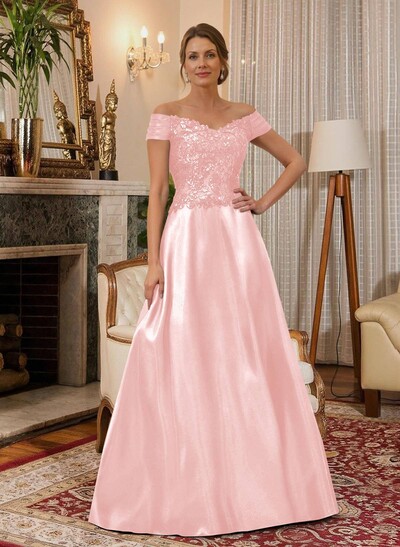 A-Line Off-The-Shoulder A-Line Floor-Length Satin Mother Of The Bride Dresses With Sequins
