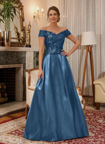 A-Line Off-The-Shoulder A-Line Floor-Length Satin Mother Of The Bride Dresses With Sequins