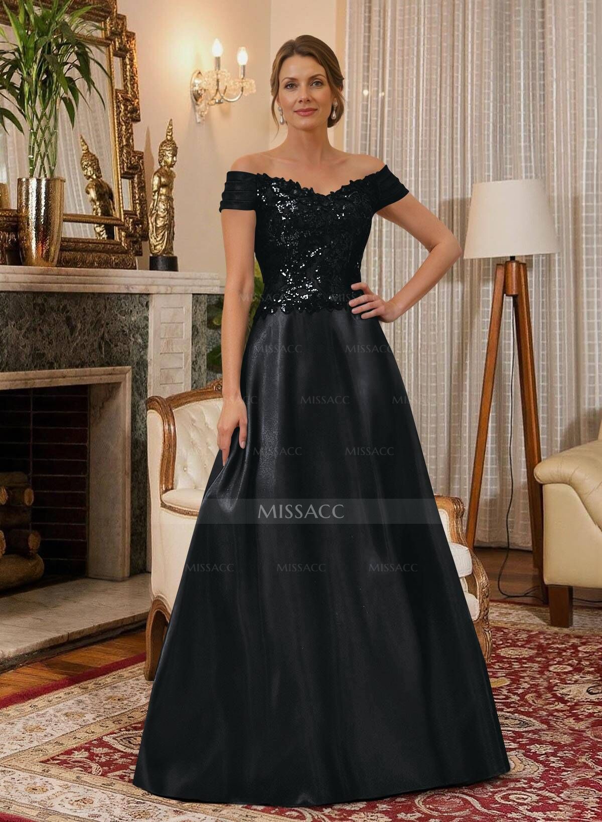 A-Line Off-The-Shoulder A-Line Floor-Length Satin Mother Of The Bride Dresses With Sequins