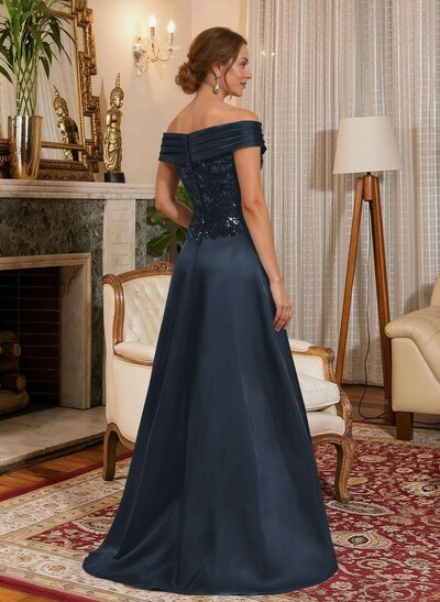 A-Line Off-The-Shoulder A-Line Floor-Length Satin Mother Of The Bride Dresses With Sequins