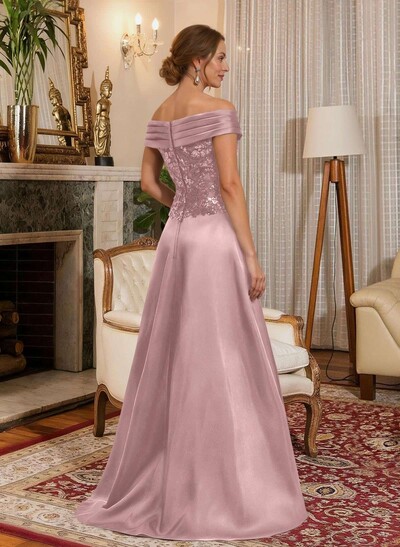 A-Line Off-The-Shoulder A-Line Floor-Length Satin Mother Of The Bride Dresses With Sequins