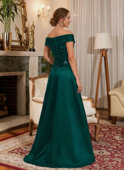 A-Line Off-The-Shoulder A-Line Floor-Length Satin Mother Of The Bride Dresses With Sequins