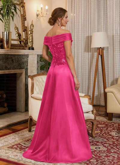 A-Line Off-The-Shoulder A-Line Floor-Length Satin Mother Of The Bride Dresses With Sequins
