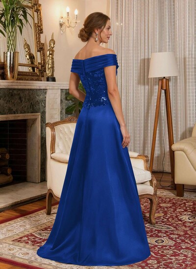 A-Line Off-The-Shoulder A-Line Floor-Length Satin Mother Of The Bride Dresses With Sequins