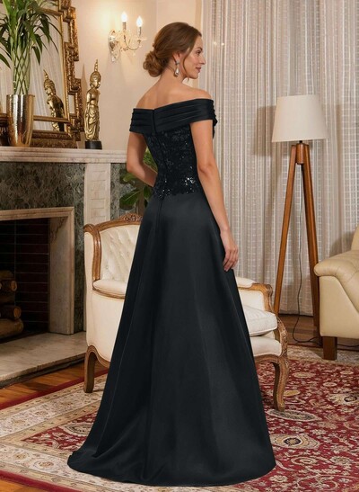 A-Line Off-The-Shoulder A-Line Floor-Length Satin Mother Of The Bride Dresses With Sequins
