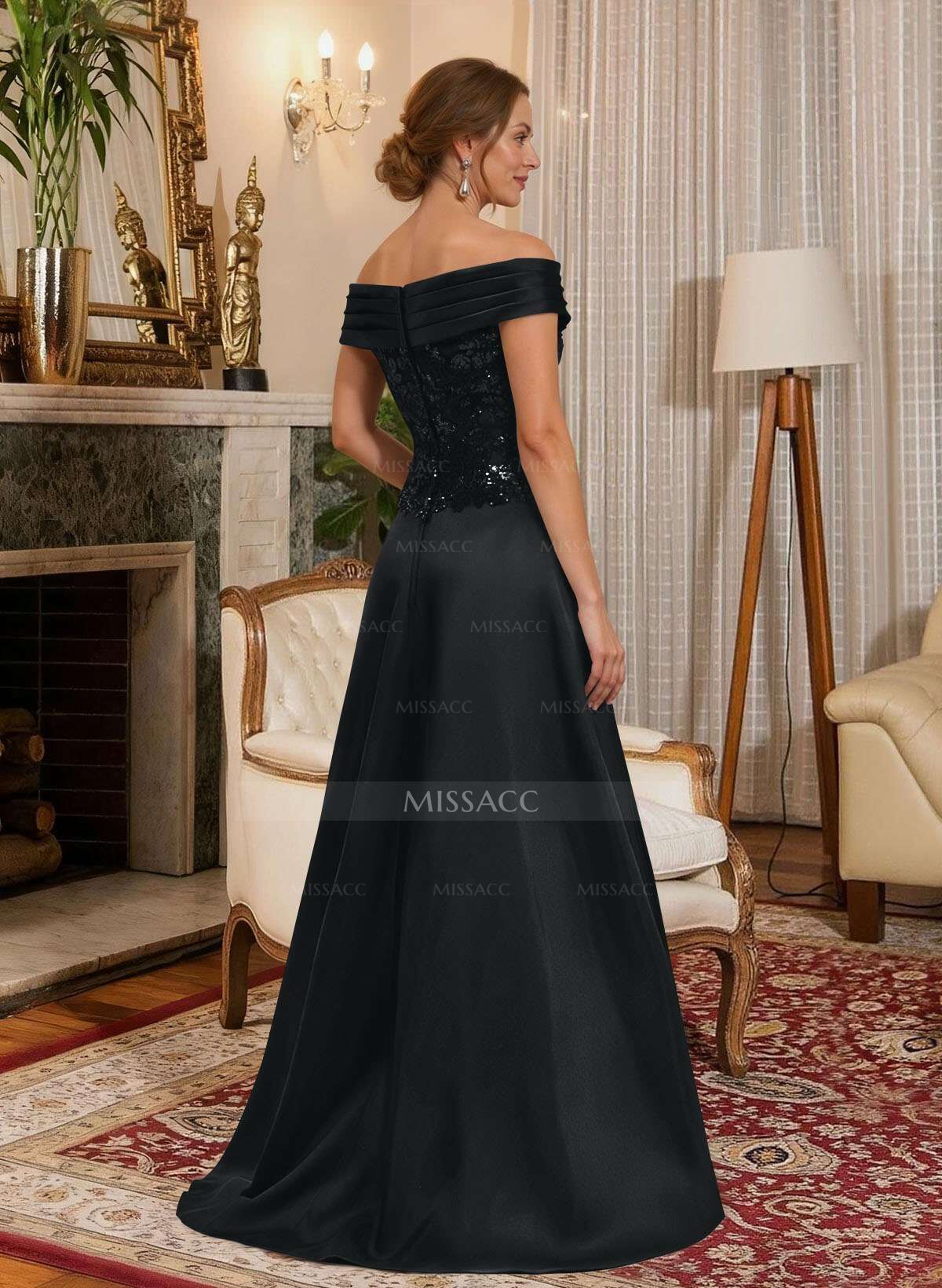 A-Line Off-The-Shoulder A-Line Floor-Length Satin Mother Of The Bride Dresses With Sequins