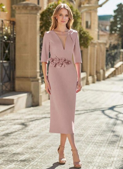 Sheath/Column Plunge Neck 1/2 Sleeves Tea-Length Elastic Satin Mother Of The Bride Dresses With Flower(s)
