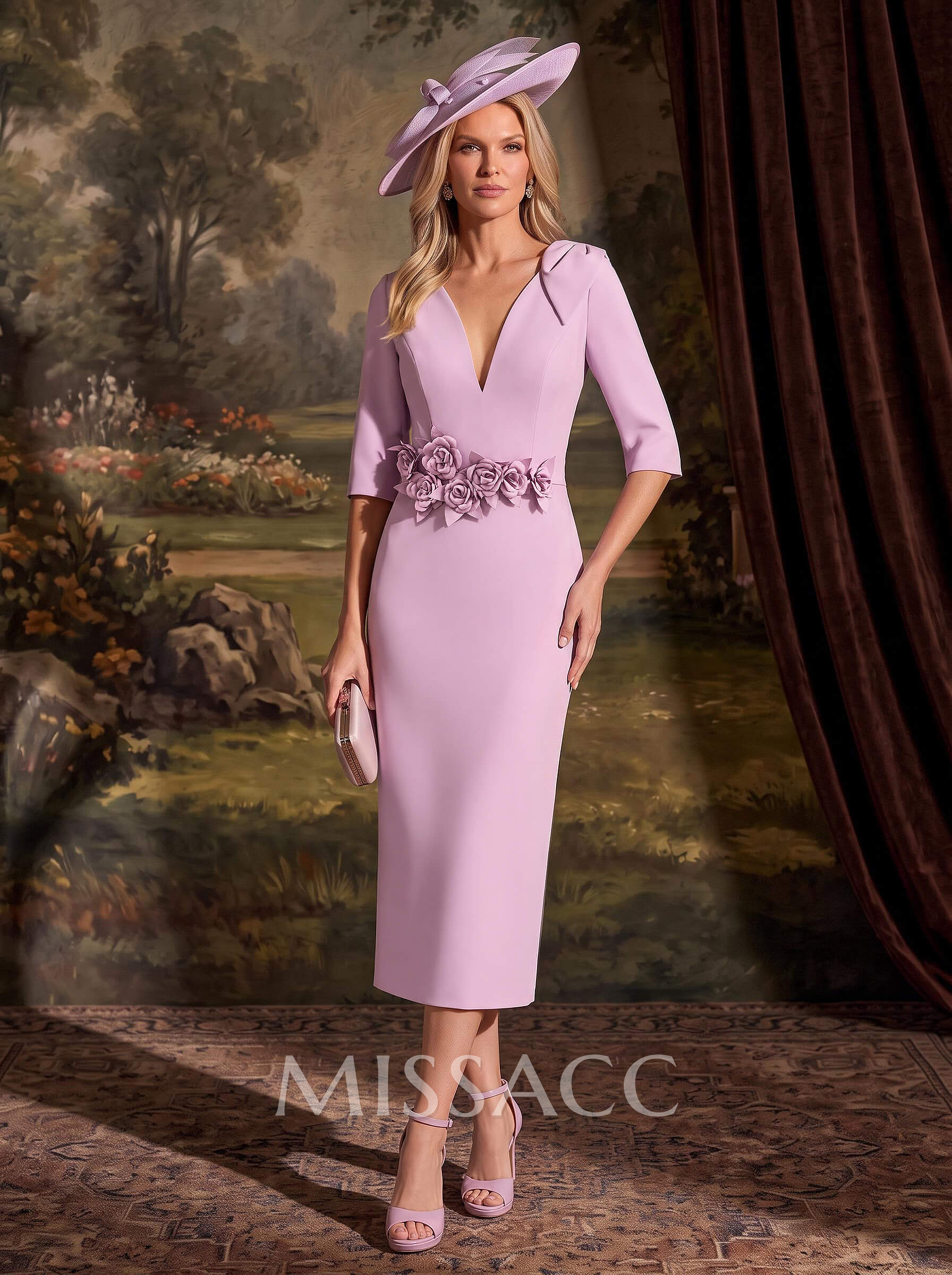 Sheath/Column Plunge Neck 1/2 Sleeves Tea-Length Elastic Satin Mother Of The Bride Dresses With Flower(s)