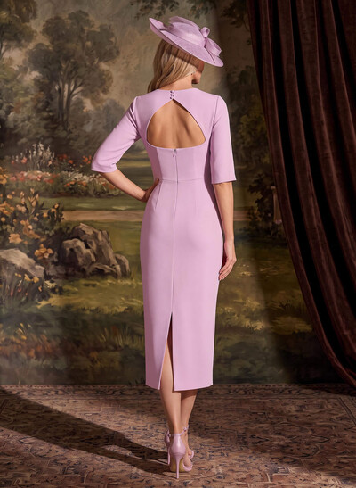 Sheath Plunging Neckline Half Sleeve Tea-Length Stretch Satin Mother of the Bride Dress with Flowers