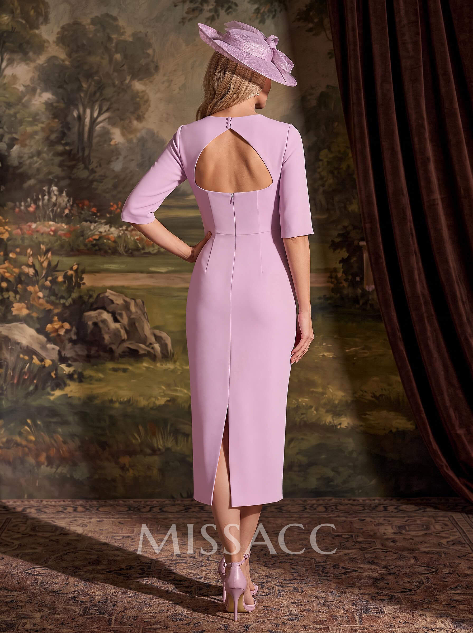 Sheath/Column Plunge Neck 1/2 Sleeves Tea-Length Elastic Satin Mother Of The Bride Dresses With Flower(s)