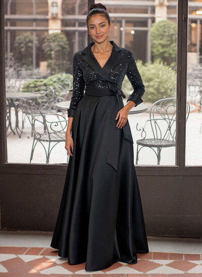 Elegant V-Neck 3/4 Sleeves A-Line Floor-Length Sequined/Matte Satin Evening Dresses With Bow(s)