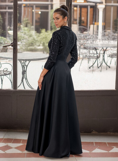 Elegant V-Neck 3/4 Sleeves A-Line Floor-Length Sequined/Matte Satin Evening Dresses With Bow(s)