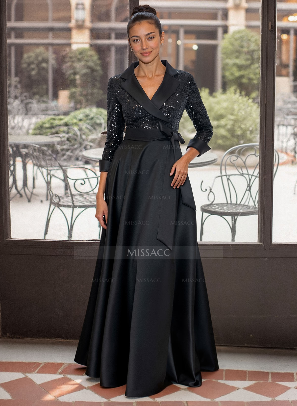 Elegant V-Neck 3/4 Sleeves A-Line Floor-Length Sequined/Matte Satin Mother Of The Bride Dresses With Bow(s)