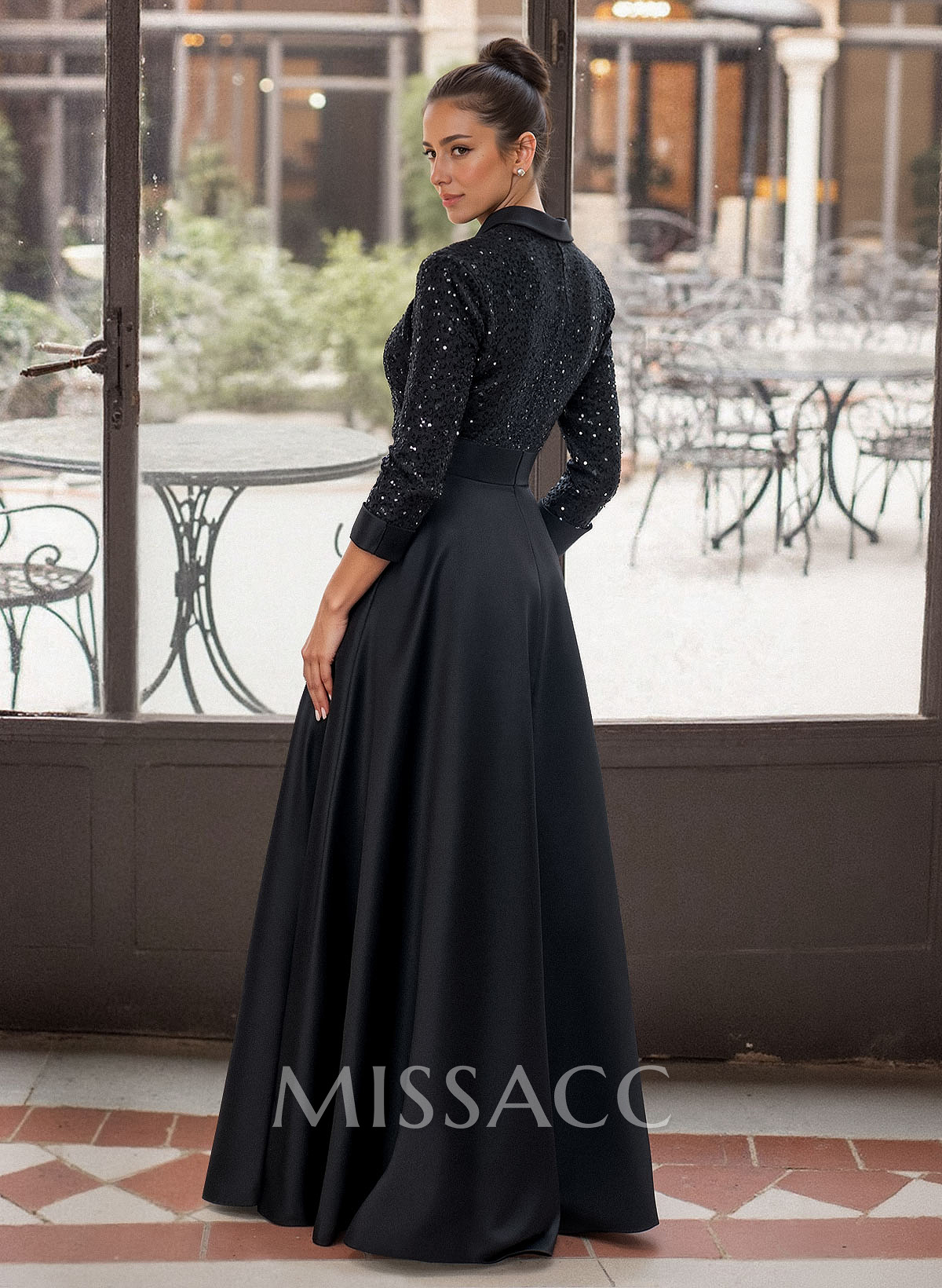 Elegant V-Neck 3/4 Sleeves A-Line Floor-Length Sequined/Matte Satin Mother Of The Bride Dresses With Bow(s)