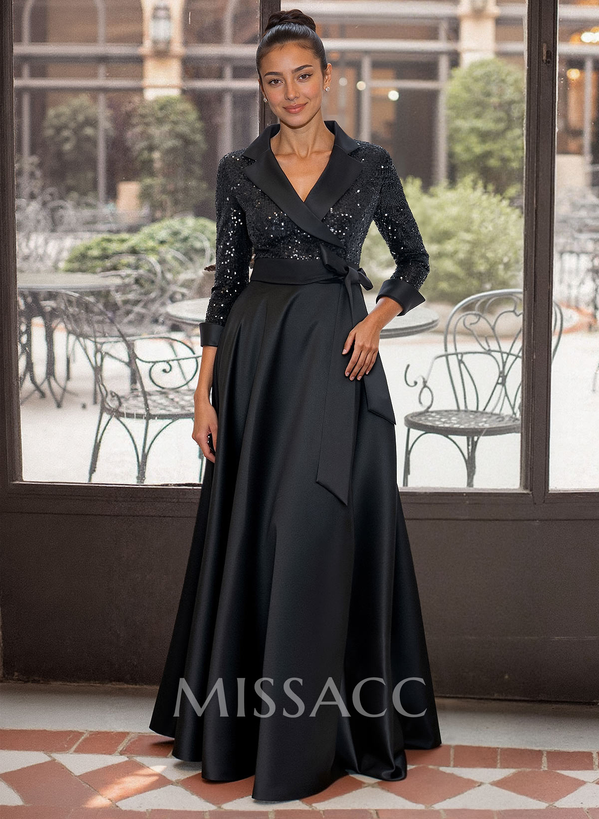 Elegant V-Neck 3/4 Sleeves A-Line Floor-Length Sequined/Matte Satin Mother Of The Bride Dresses With Bow(s)