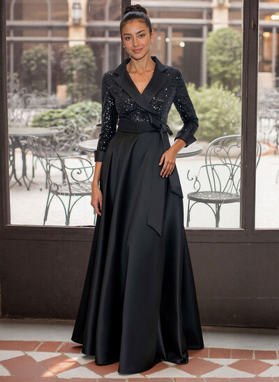 Elegant V-Neck 3/4 Sleeves A-Line Floor-Length Sequined/Matte Satin Mother Of The Bride Dresses With Bow(s)