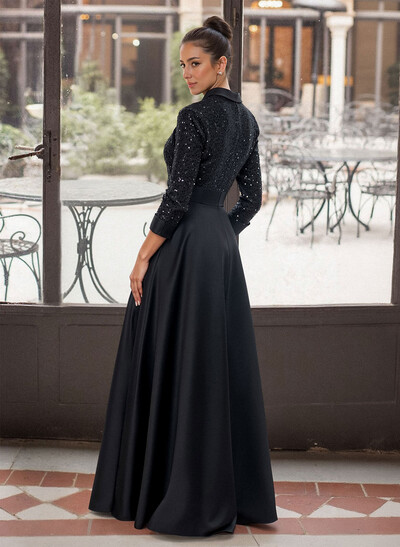 Elegant V-Neck 3/4 Sleeves A-Line Floor-Length Sequined/Matte Satin Mother Of The Bride Dresses With Bow(s)