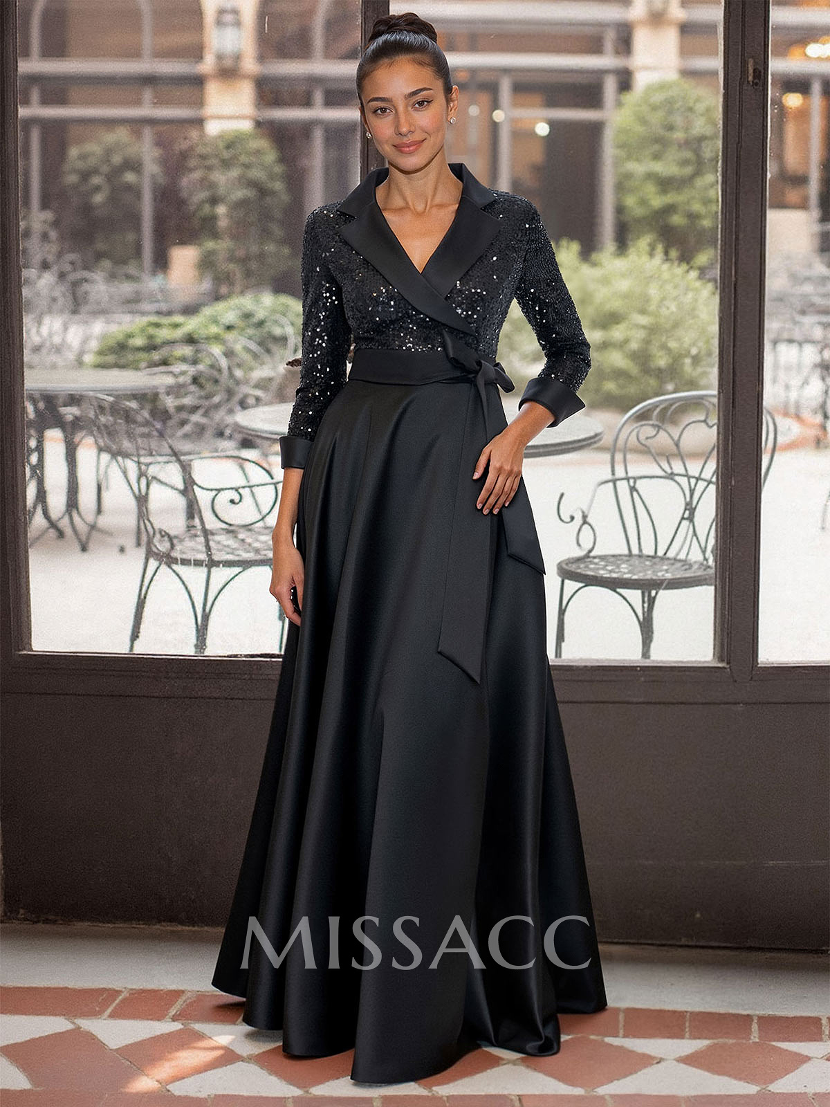 Elegant V-Neck 3/4 Sleeves A-Line Floor-Length Sequined/Matte Satin Mother Of The Bride Dresses With Bow(s)