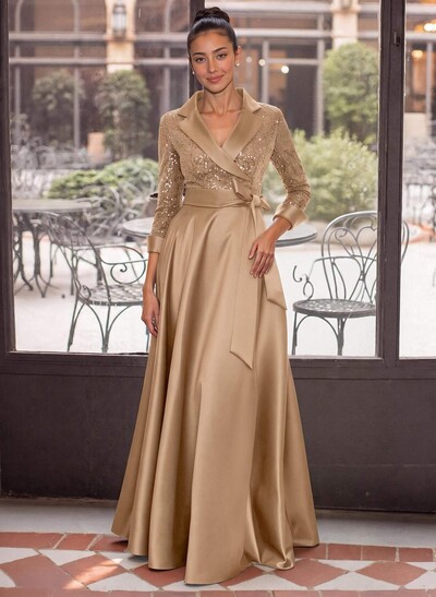 Elegant V-Neck 3/4 Sleeves A-Line Floor-Length Sequined/Matte Satin Mother Of The Bride Dresses With Bow(s)
