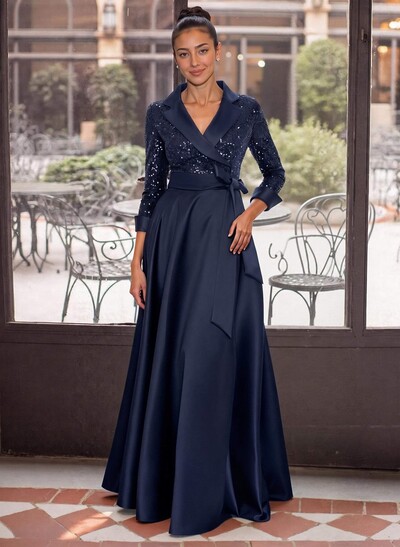 Elegant V-Neck 3/4 Sleeves A-Line Floor-Length Sequined/Matte Satin Mother Of The Bride Dresses With Bow(s)