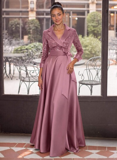Elegant V-Neck 3/4 Sleeves A-Line Floor-Length Sequined/Matte Satin Mother Of The Bride Dresses With Bow(s)