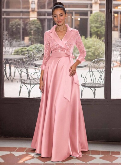 Elegant V-Neck 3/4 Sleeves A-Line Floor-Length Sequined/Matte Satin Mother Of The Bride Dresses With Bow(s)