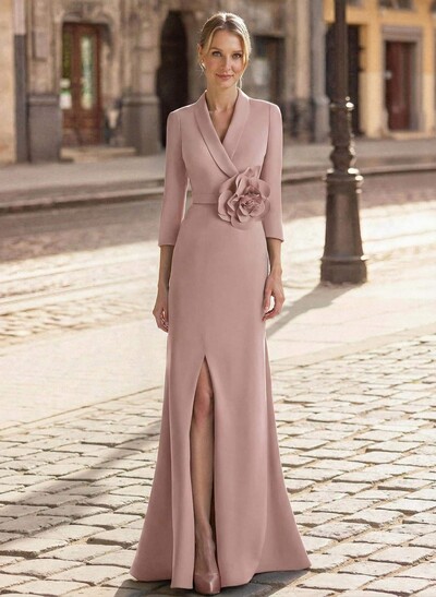 Trumpet/Mermaid V-Neck 3/4 Sleeves Sweep Train Elastic Satin Mother Of The Bride Dresses With Split Front/Flower(s)