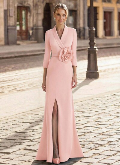 Trumpet/Mermaid V-Neck 3/4 Sleeves Sweep Train Elastic Satin Mother Of The Bride Dresses With Split Front/Flower(s)