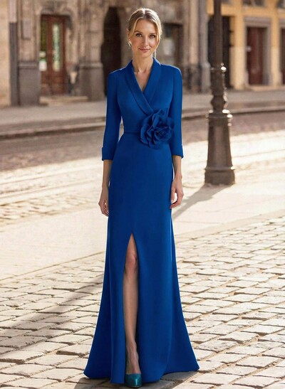 Trumpet/Mermaid V-Neck 3/4 Sleeves Sweep Train Elastic Satin Mother Of The Bride Dresses With Split Front/Flower(s)